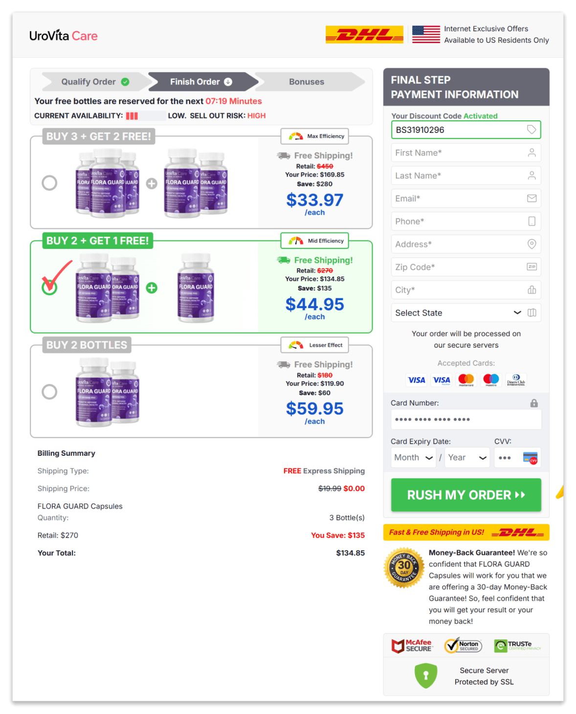 Urovita Care Capsule Secure Checkout Page